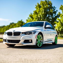 A white 2016 BMW 318i from F30 series parked in a pristine, idyllic setting, featuring vibrant green calipers