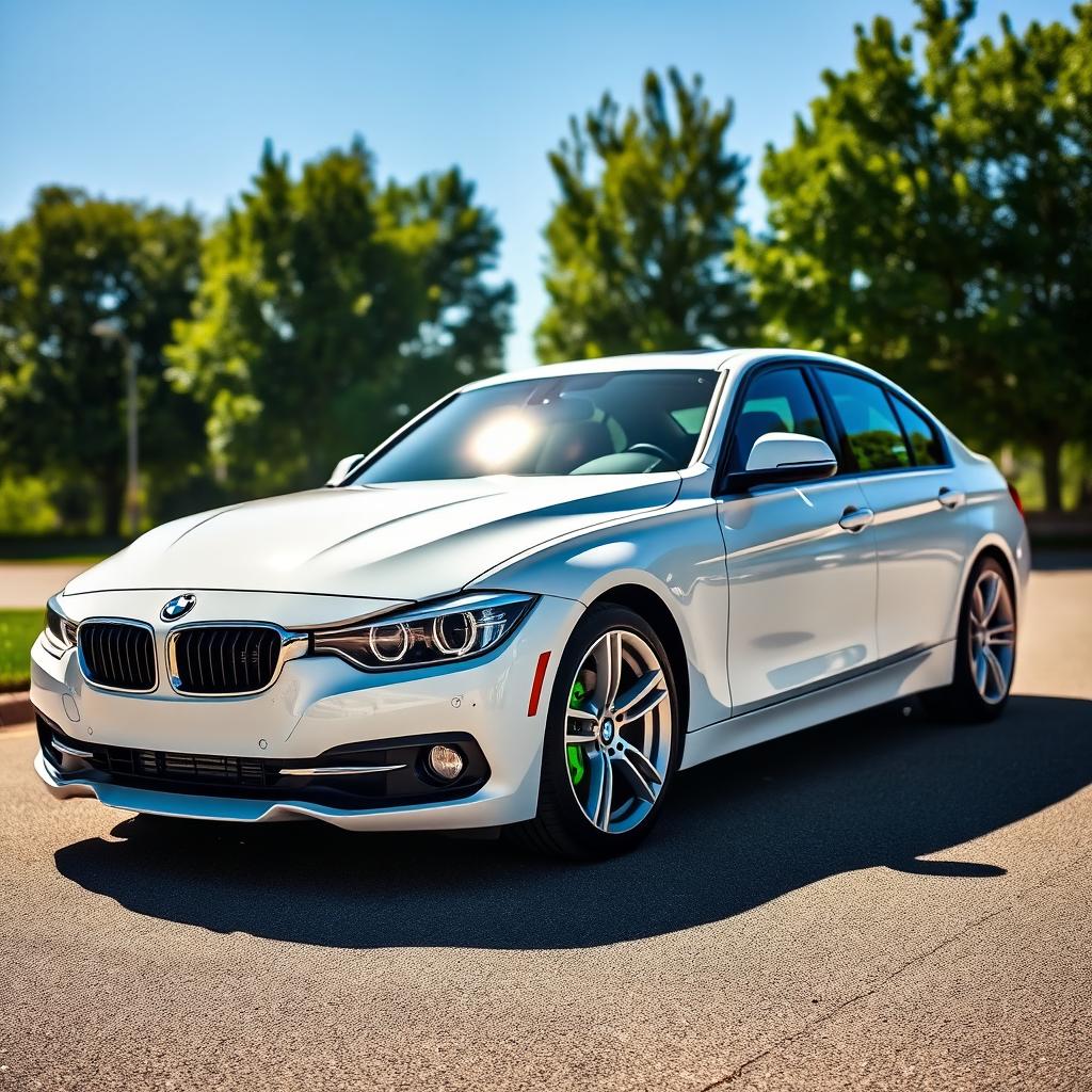 A white 2016 BMW 318i from F30 series parked in a pristine, idyllic setting, featuring vibrant green calipers