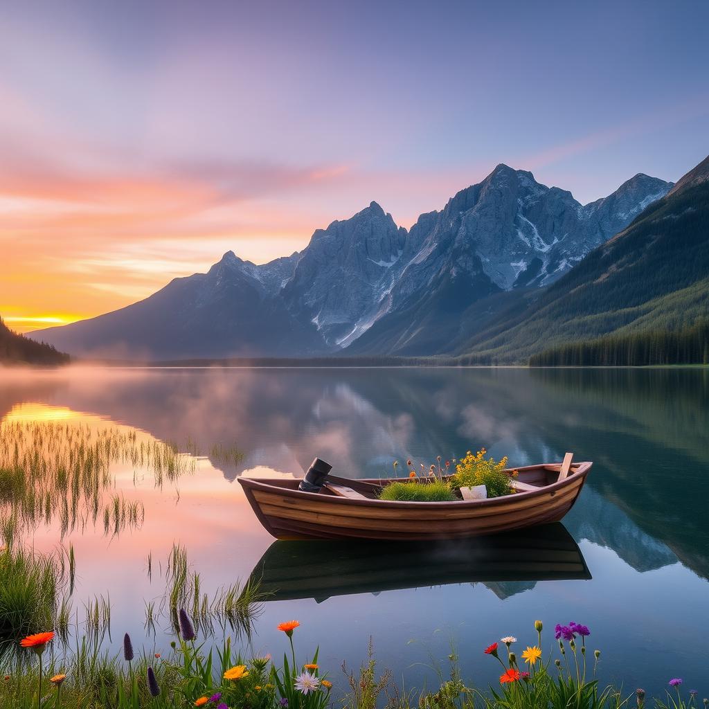 A picturesque scene of a serene lake surrounded by majestic mountains, reflecting on the calm waters during sunrise