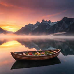 A picturesque scene of a serene lake surrounded by majestic mountains, reflecting on the calm waters during sunrise