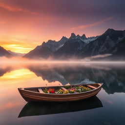 A picturesque scene of a serene lake surrounded by majestic mountains, reflecting on the calm waters during sunrise