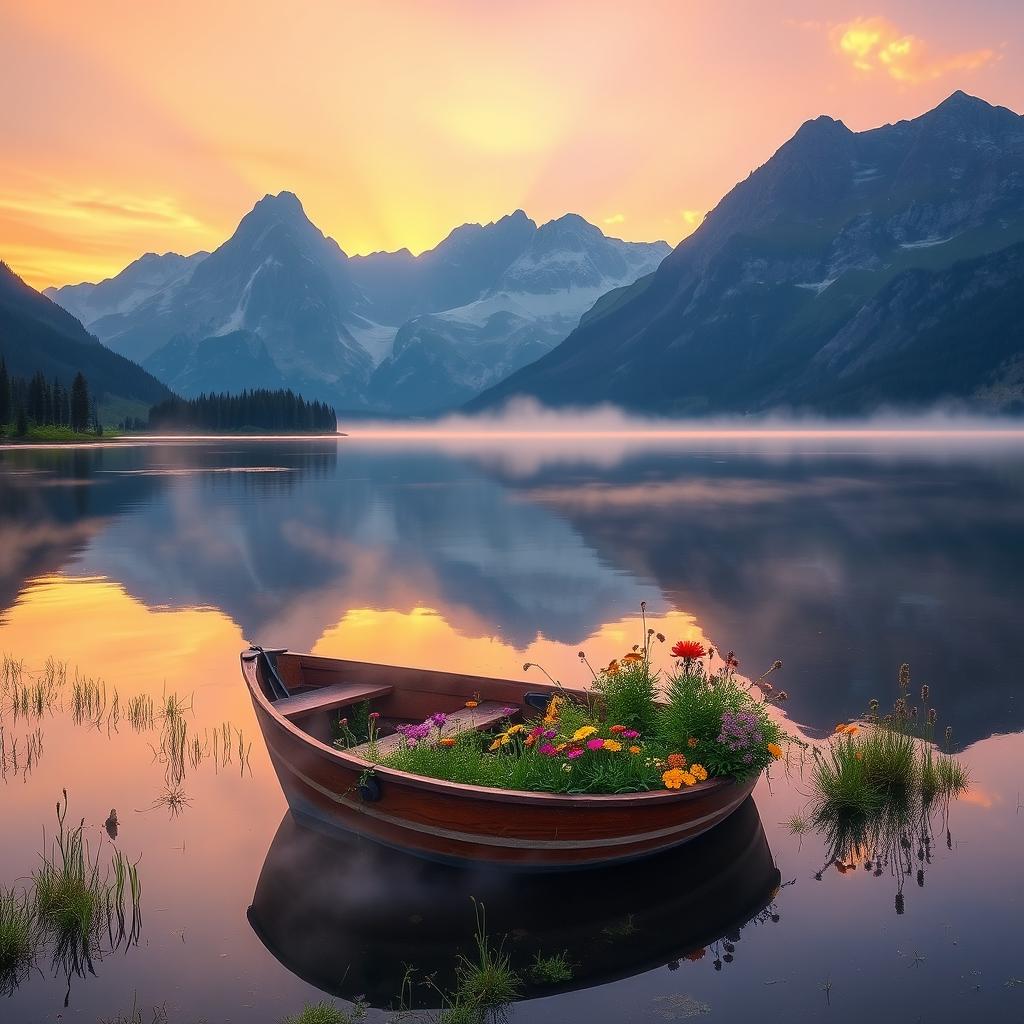 A picturesque scene of a serene lake surrounded by majestic mountains, reflecting on the calm waters during sunrise