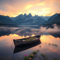 A picturesque scene of a serene lake surrounded by majestic mountains, reflecting on the calm waters during sunrise