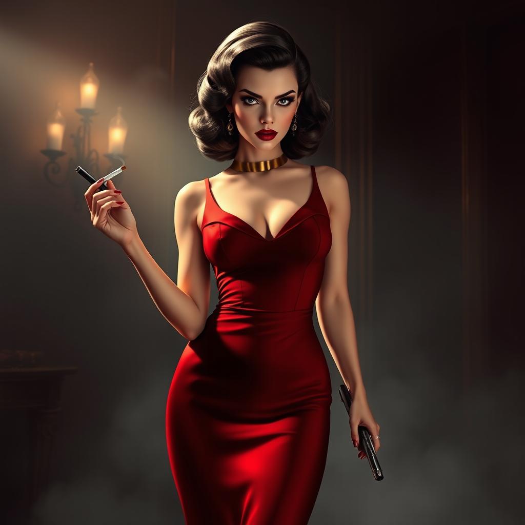 A femme fatale character dressed in an elegant, form-fitting red evening gown, exuding an aura of mystery and allure