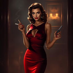 A femme fatale character dressed in an elegant, form-fitting red evening gown, exuding an aura of mystery and allure