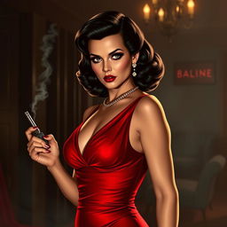 A femme fatale character dressed in an elegant, form-fitting red evening gown, exuding an aura of mystery and allure