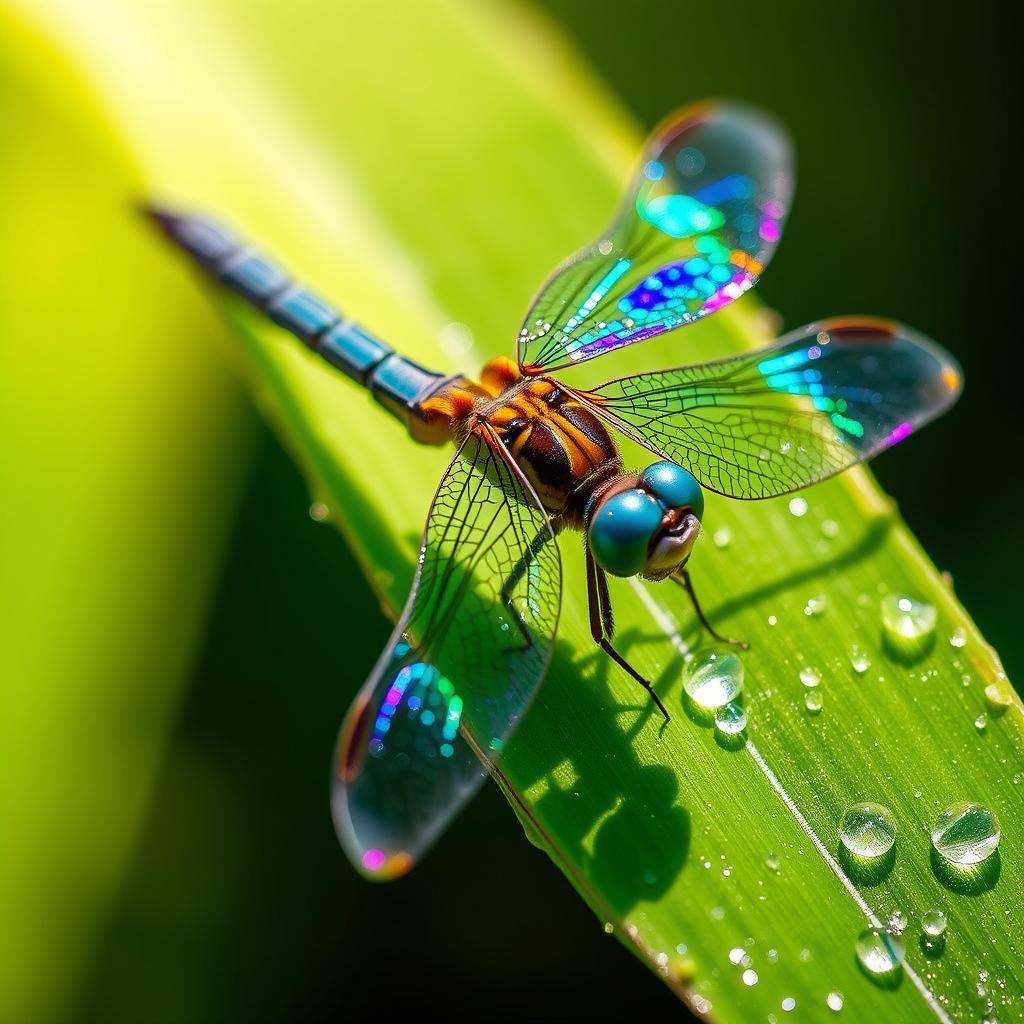 A close-up of a vibrant dragonfly resting on a dewy leaf in the early morning light