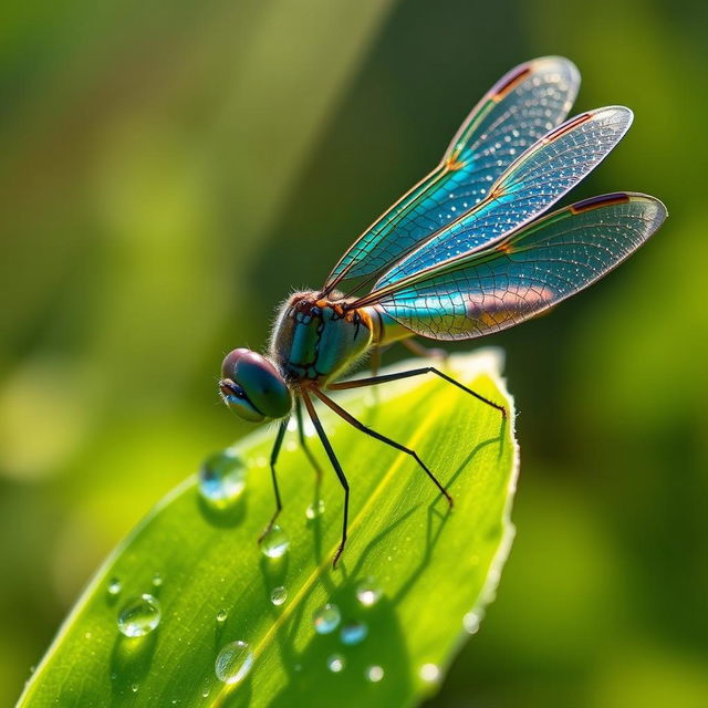 A close-up of a vibrant dragonfly resting on a dewy leaf in the early morning light