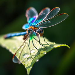 A close-up of a vibrant dragonfly resting on a dewy leaf in the early morning light