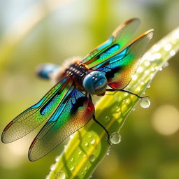 A close-up of a vibrant dragonfly resting on a dewy leaf in the early morning light