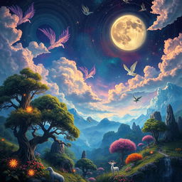 Exploration of vivid dreams, surreal landscapes, ethereal beings floating in the air, vibrant colors blending harmoniously