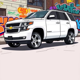 A slammed 2016 Chevrolet Tahoe, depicted in a vibrant cartoon style, featuring a striking white paint finish