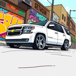 A slammed 2016 Chevrolet Tahoe, depicted in a vibrant cartoon style, featuring a striking white paint finish