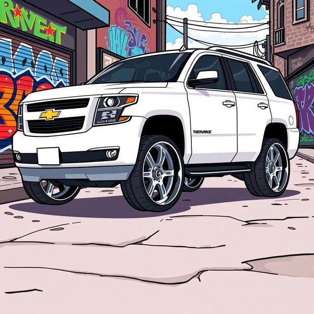 A slammed 2016 Chevrolet Tahoe, depicted in a vibrant cartoon style, featuring a striking white paint finish