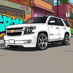 A slammed 2016 Chevrolet Tahoe, depicted in a vibrant cartoon style, featuring a striking white paint finish