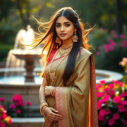 Portrait of a beautiful Indian woman posing gracefully, with elaborate traditional jewelry and an intricate saree draped elegantly around her figure, standing in a lush garden, with vibrant flowers and a serene water fountain in the background, conveying a sense of regality and cultural richness