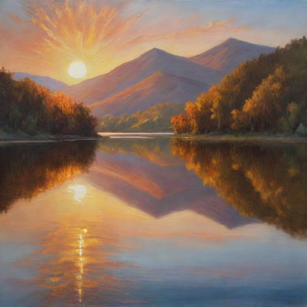 A mesmerizing oil painting of a tranquil landscape scenario at sunset with the sun casting a gentle, golden hue on the surrounding hills and a glassy lake reflecting the colors