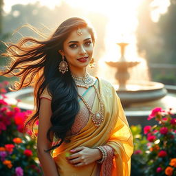 Portrait of a beautiful Indian woman posing gracefully, with elaborate traditional jewelry and an intricate saree draped elegantly around her figure, standing in a lush garden, with vibrant flowers and a serene water fountain in the background, conveying a sense of regality and cultural richness