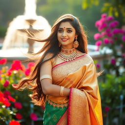 Portrait of a beautiful Indian woman posing gracefully, with elaborate traditional jewelry and an intricate saree draped elegantly around her figure, standing in a lush garden, with vibrant flowers and a serene water fountain in the background, conveying a sense of regality and cultural richness