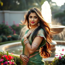 Portrait of a beautiful Indian woman posing gracefully, with elaborate traditional jewelry and an intricate saree draped elegantly around her figure, standing in a lush garden, with vibrant flowers and a serene water fountain in the background, conveying a sense of regality and cultural richness