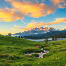 A serene landscape with a picturesque mountain range in the distance, lush green meadows in the foreground dotted with colorful wildflowers