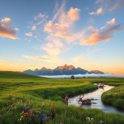 A serene landscape with a picturesque mountain range in the distance, lush green meadows in the foreground dotted with colorful wildflowers