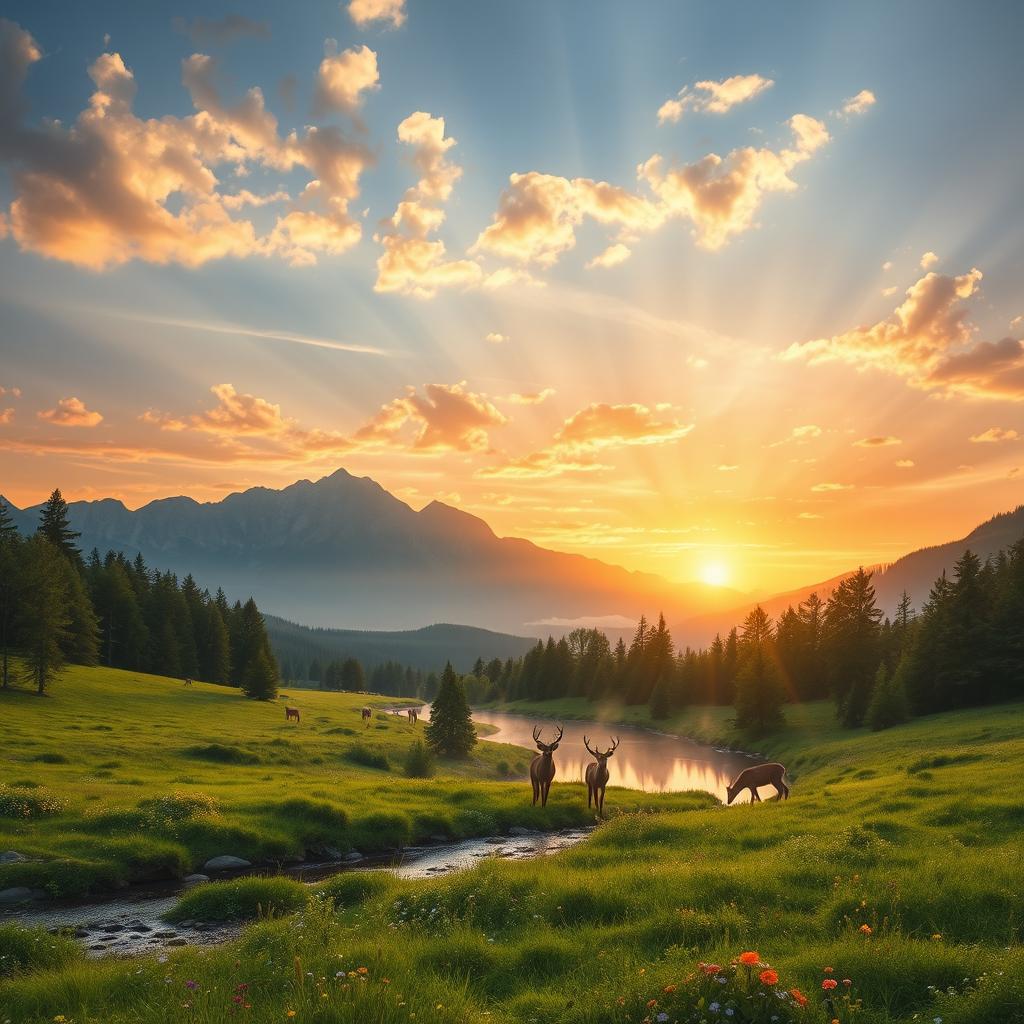 A serene landscape with a picturesque mountain range in the distance, lush green meadows in the foreground dotted with colorful wildflowers