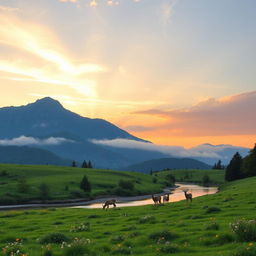 A serene landscape with a picturesque mountain range in the distance, lush green meadows in the foreground dotted with colorful wildflowers