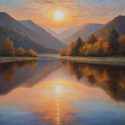 A mesmerizing oil painting of a tranquil landscape scenario at sunset with the sun casting a gentle, golden hue on the surrounding hills and a glassy lake reflecting the colors