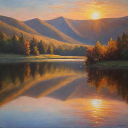 A mesmerizing oil painting of a tranquil landscape scenario at sunset with the sun casting a gentle, golden hue on the surrounding hills and a glassy lake reflecting the colors