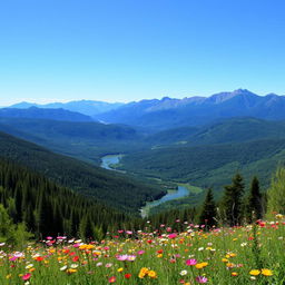 A breathtaking, sprawling landscape with lush forests and rolling hills under a clear blue sky