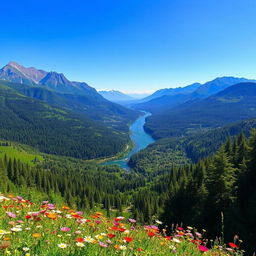 A breathtaking, sprawling landscape with lush forests and rolling hills under a clear blue sky