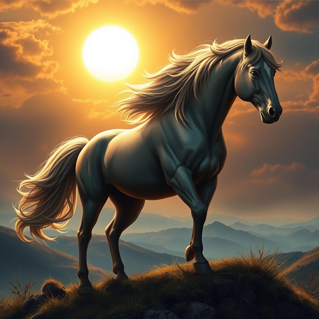 A fantasy scene featuring a majestic and powerful horse