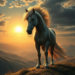 A fantasy scene featuring a majestic and powerful horse