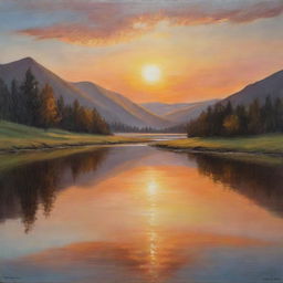 A mesmerizing oil painting of a tranquil landscape scenario at sunset with the sun casting a gentle, golden hue on the surrounding hills and a glassy lake reflecting the colors