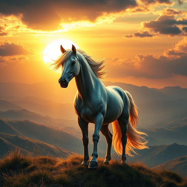 A fantasy scene featuring a majestic and powerful horse