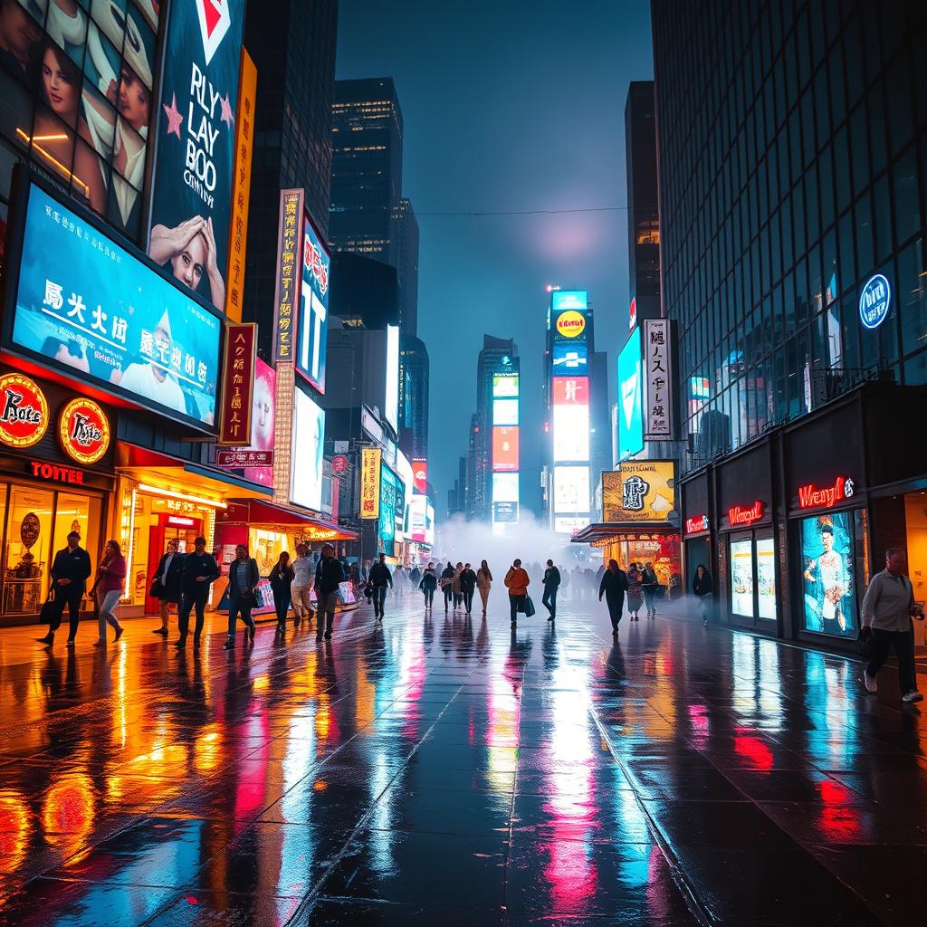 A magical evening scene in a vibrant cityscape, beautifully adorned with glowing neon signs and bustling with diverse and colorful pedestrians walking along a rain-soaked street