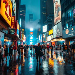 A magical evening scene in a vibrant cityscape, beautifully adorned with glowing neon signs and bustling with diverse and colorful pedestrians walking along a rain-soaked street