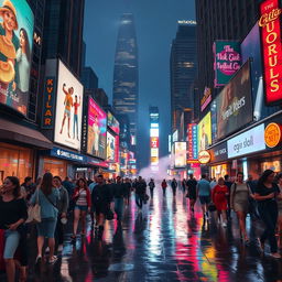 A magical evening scene in a vibrant cityscape, beautifully adorned with glowing neon signs and bustling with diverse and colorful pedestrians walking along a rain-soaked street