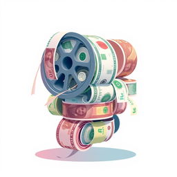 A dynamic and creative illustration of reels made out of money, showcasing different denominations of banknotes tightly rolled up