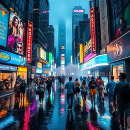 A magical evening scene in a vibrant cityscape, beautifully adorned with glowing neon signs and bustling with diverse and colorful pedestrians walking along a rain-soaked street