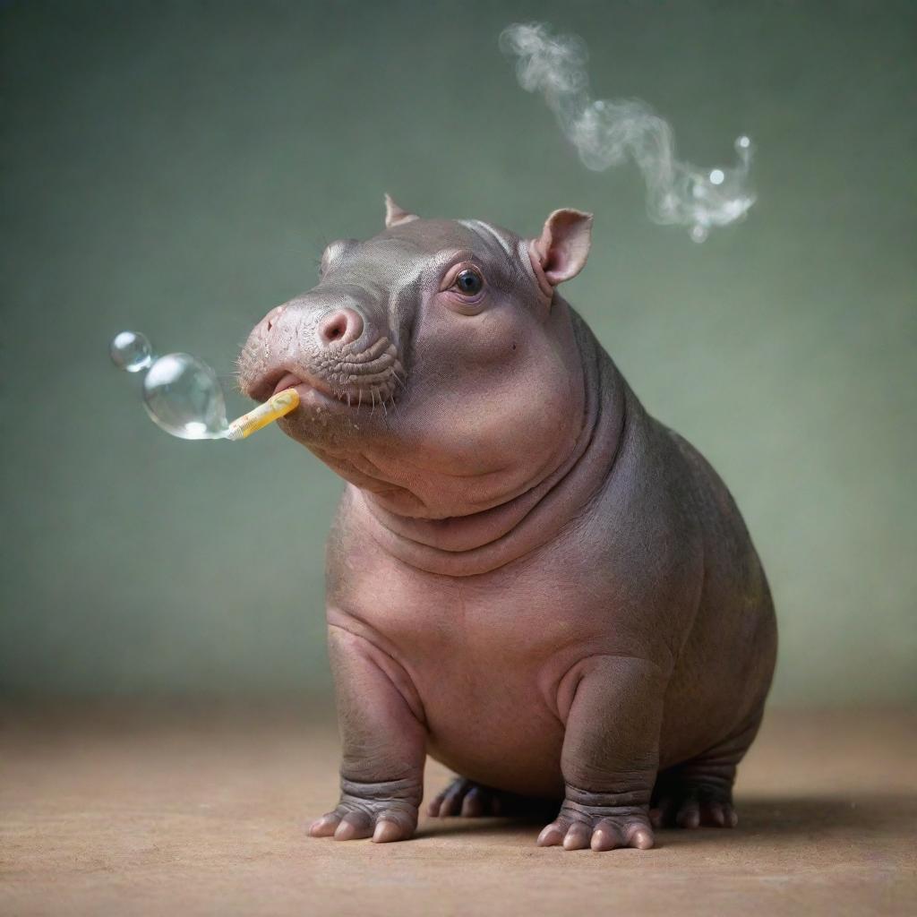 A cute baby hippo with an old-fashioned pipe in its mouth, blowing bubbles instead of smoke