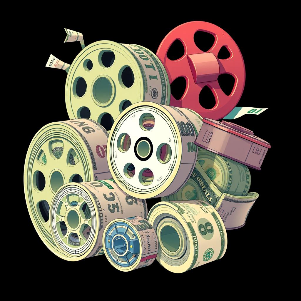 A dynamic and creative illustration of reels made out of money, showcasing different denominations of banknotes tightly rolled up