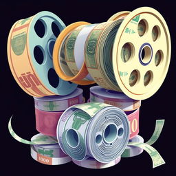 A dynamic and creative illustration of reels made out of money, showcasing different denominations of banknotes tightly rolled up