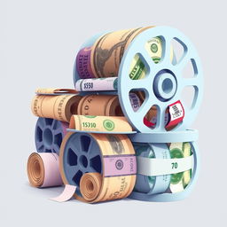 A dynamic and creative illustration of reels made out of money, showcasing different denominations of banknotes tightly rolled up