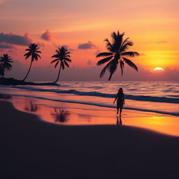 An elegant depiction of a serene sunset over a tranquil beach