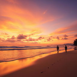 An elegant depiction of a serene sunset over a tranquil beach