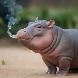 A cute baby hippo with an old-fashioned pipe in its mouth, blowing bubbles instead of smoke