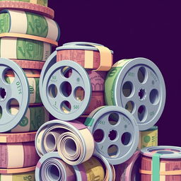 A dynamic and creative illustration of reels made out of money, showcasing different denominations of banknotes tightly rolled up