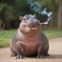 A cute baby hippo with an old-fashioned pipe in its mouth, blowing bubbles instead of smoke